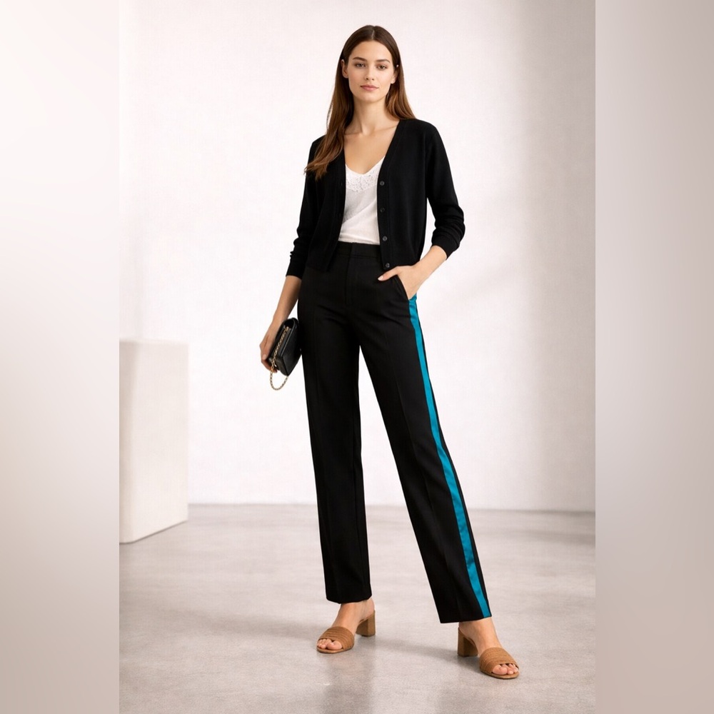 Blugirl Black Straight Leg Trousers With Teal-Blue Satin Stripe Size 6 New - Picture 6 of 14